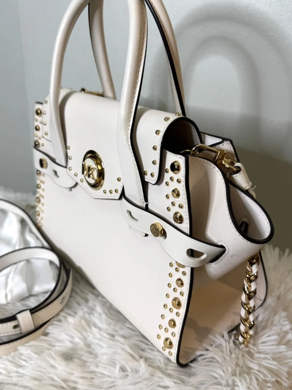 Michael Kors White Leather Studded Satchel Bag w/ Strap & Dust Bag